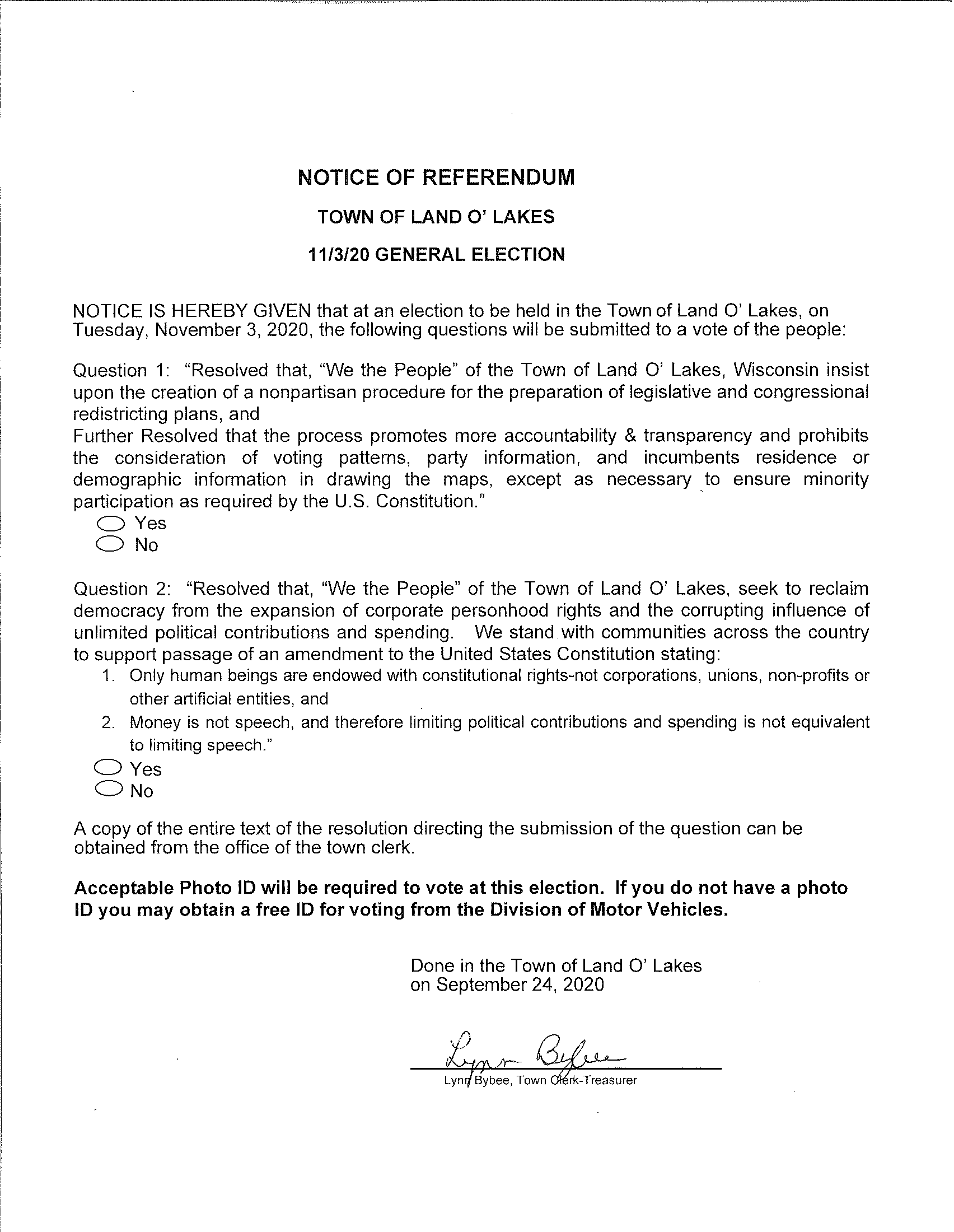 Notice Of Referendum 11320 General Election Town Of Land O Lakes